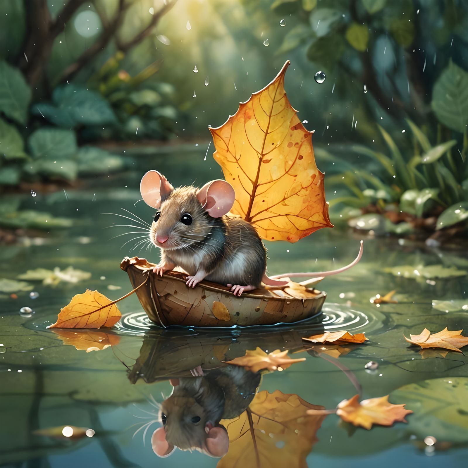 Whimsical Mouse Sailing on Leaf in Puddle
