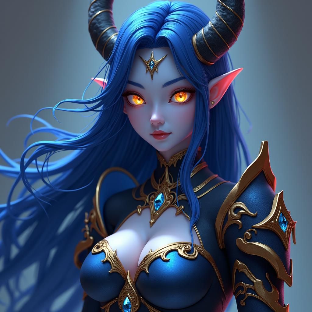 Blue Tiefling Cleric in Anime Style