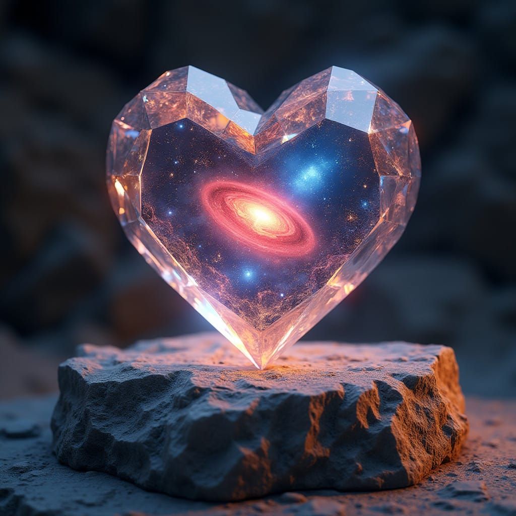 Crystal Heart Illuminated by Vibrant Galaxy in Golden Lighti...