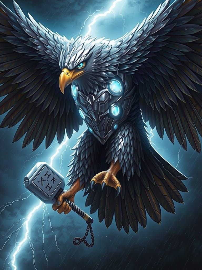 Thor's Hammer Wields a Norse Rune-Emblazoned Eagle in Cyberp...