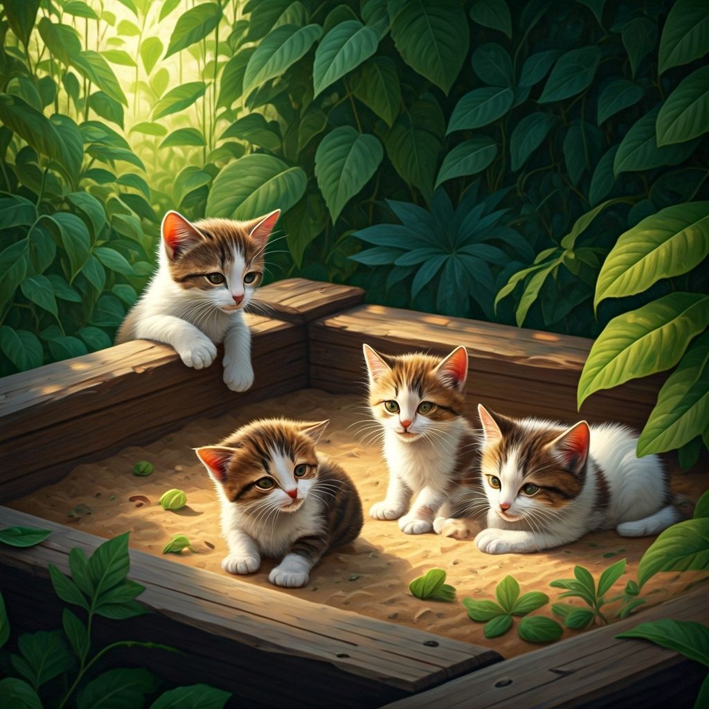 Kittens Play in Sandbox: Oil Painting, Cinematic Lighting
