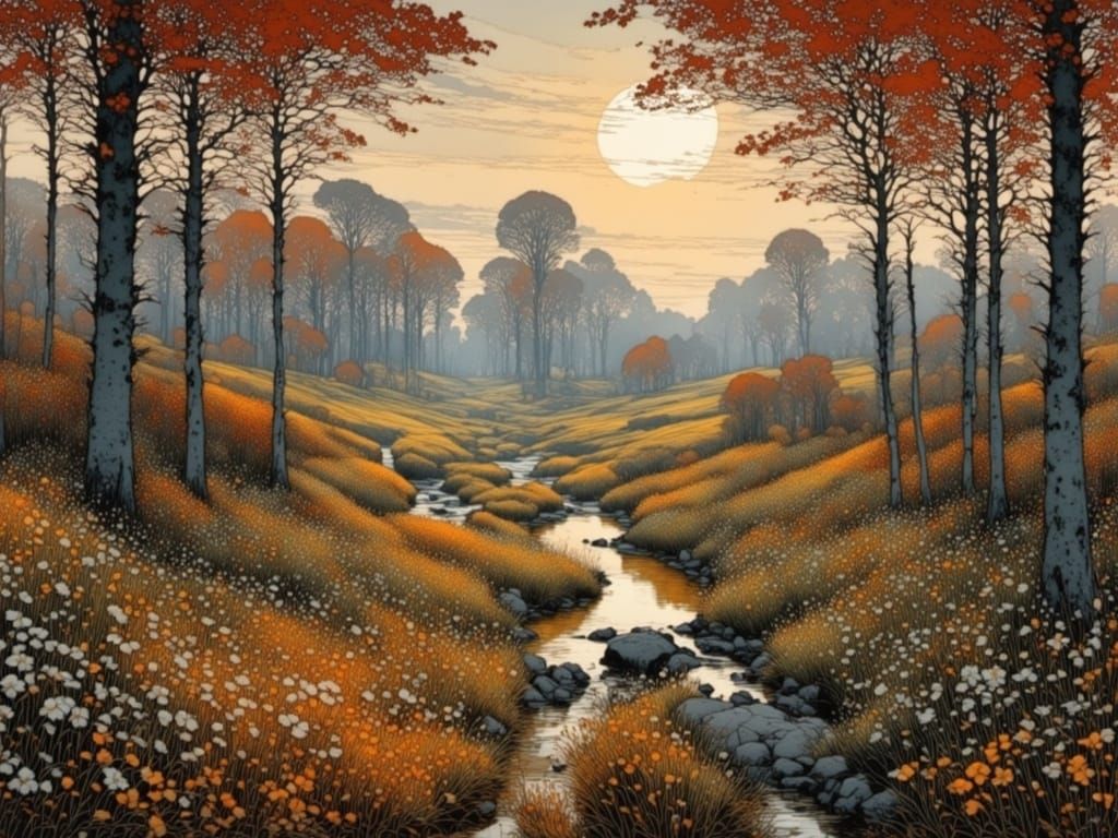 Scottish Autumn Landscape Gleams in Evening Light, Stained G...