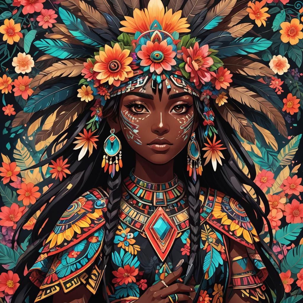 Aztec Girl with Obsidian Sword in Anime Manga Style