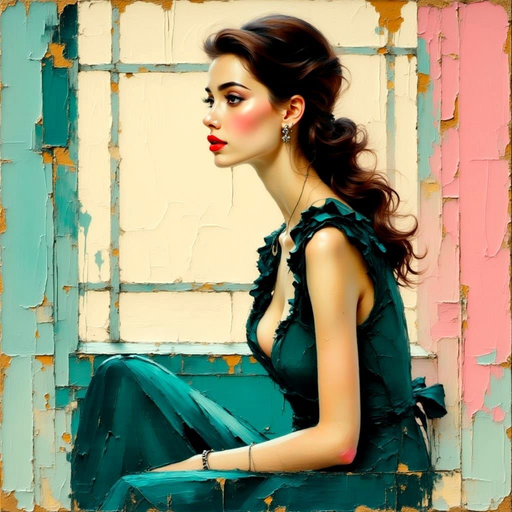 Elegant Lady in Teal Dress, Impasto Grunge Style