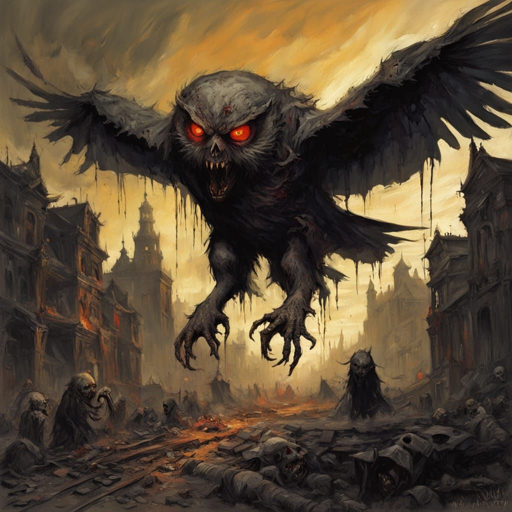 Grotesque Zombie Owl Descending, Digital Horror Art