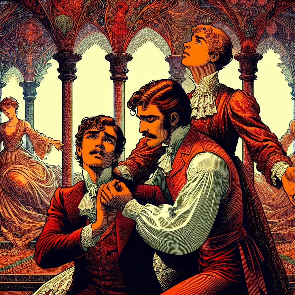 Love Triangle in Dark Romantic Comic Art Style