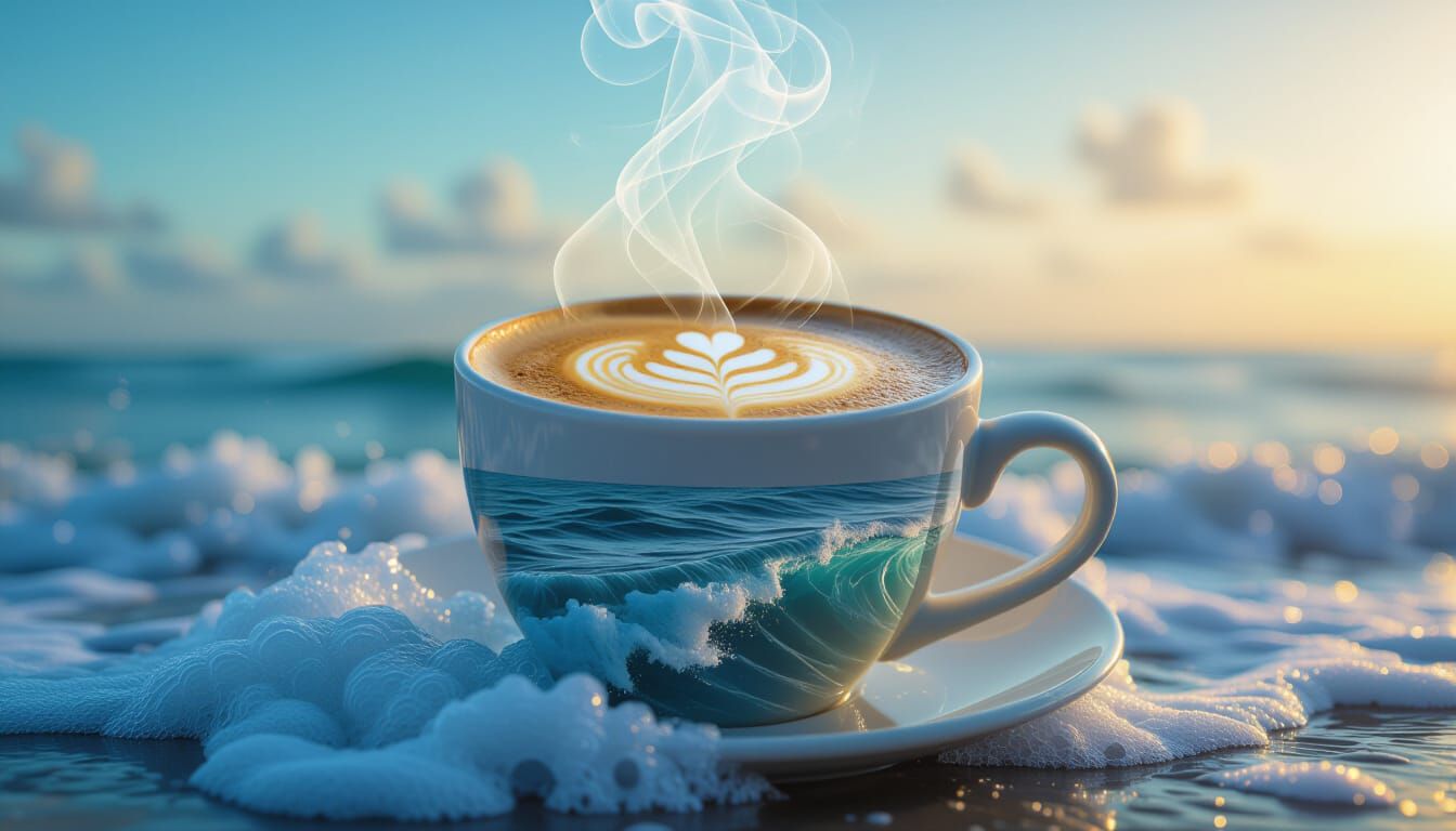 Double Exposure Art: Coffee Cup Merges with Ocean Waves