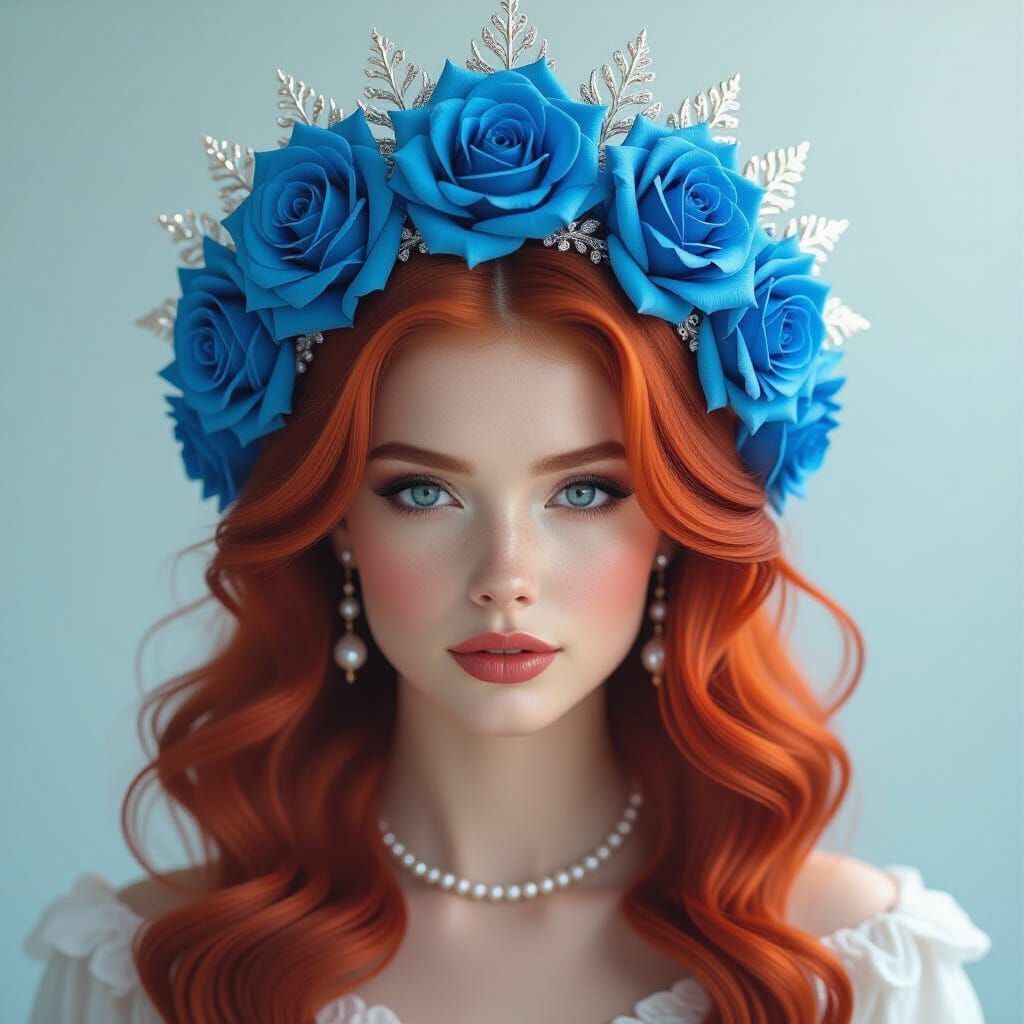 Redhead Queen with Blue Rose Crown in 8K
