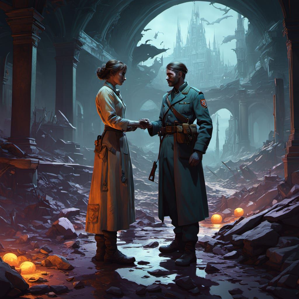 Nurse in War-Torn Landscape in Digital Art Style