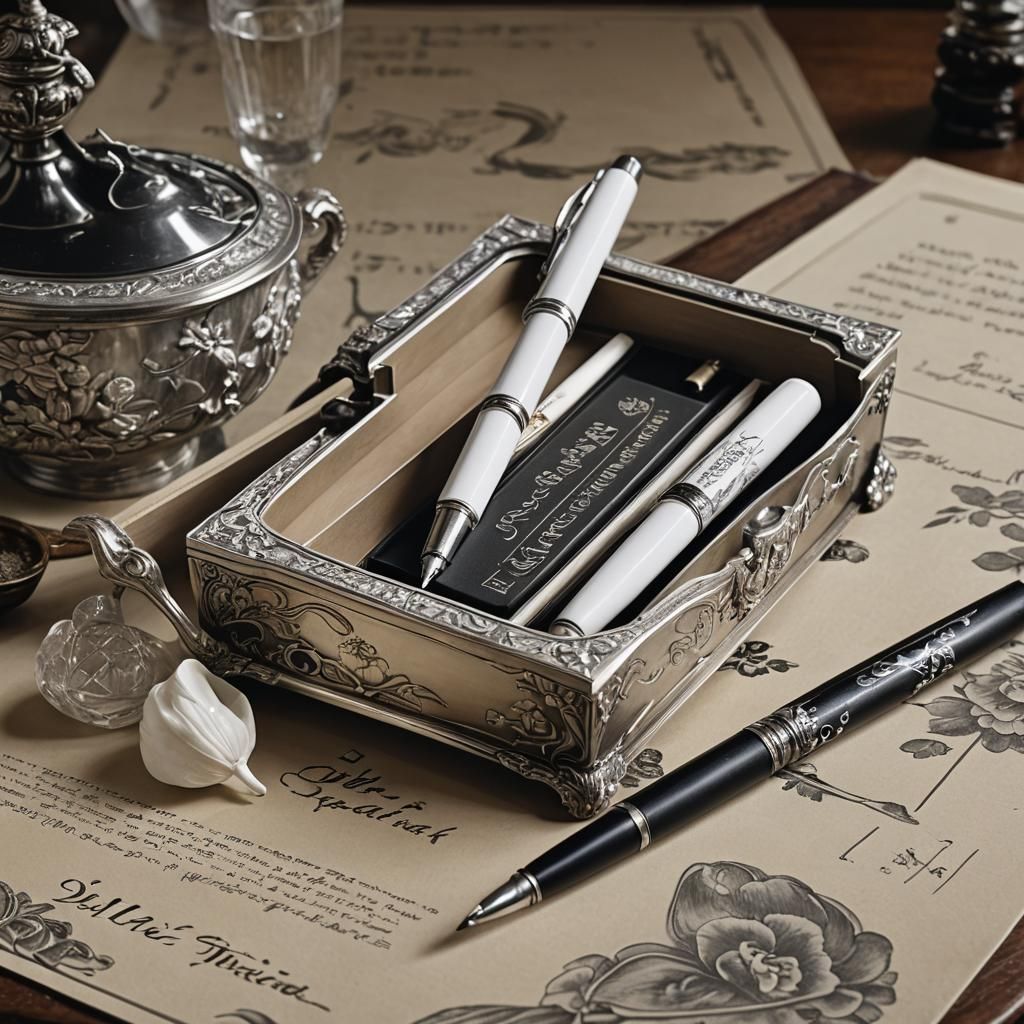 Sleek Silver Pen on White Box, Detailed Matte Painting