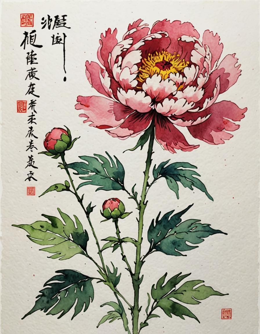 Peony Watercolor Portrait with Chinese Calligraphy