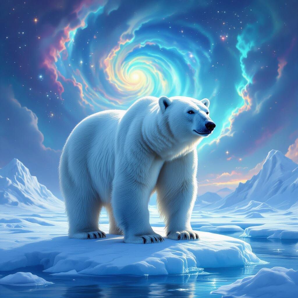 Majestic Polar Bear Under Swirling Nebulae Sky