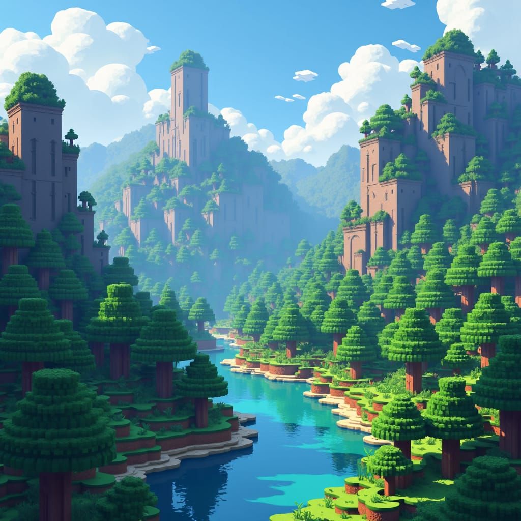 Vibrant Minecraft Landscape in 8-Bit Style