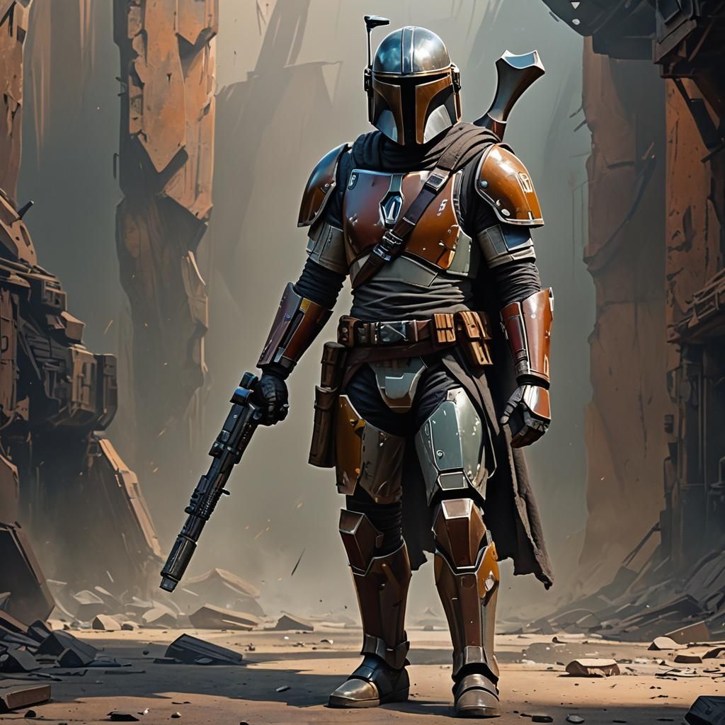 Mandalorian Warrior in Rusted Armor: Cel-Shaded Sci-Fi Art