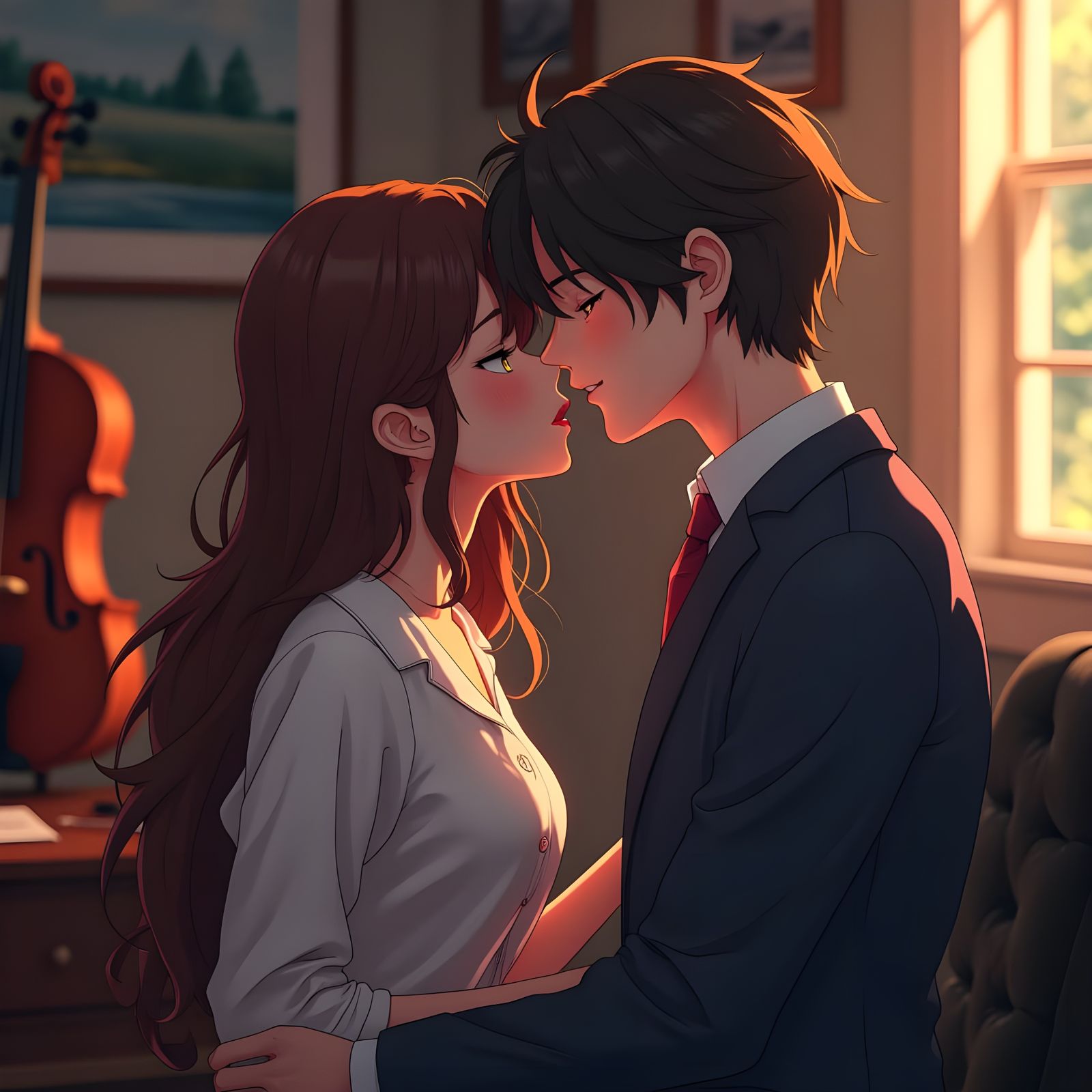 Romantic Anime Kiss in Detective Office, 3D Render