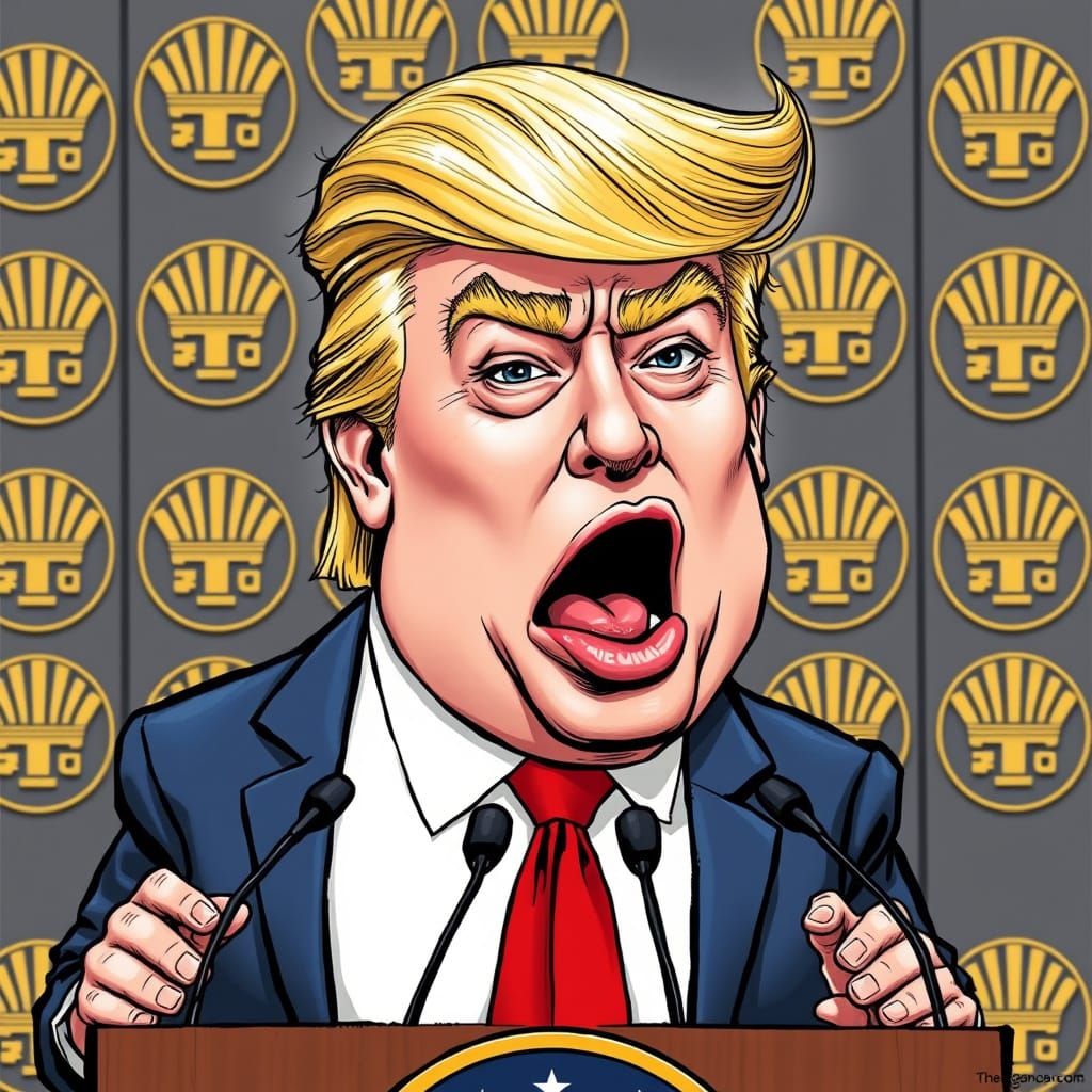 Satirical Trump Caricature in Political Cartoon Style