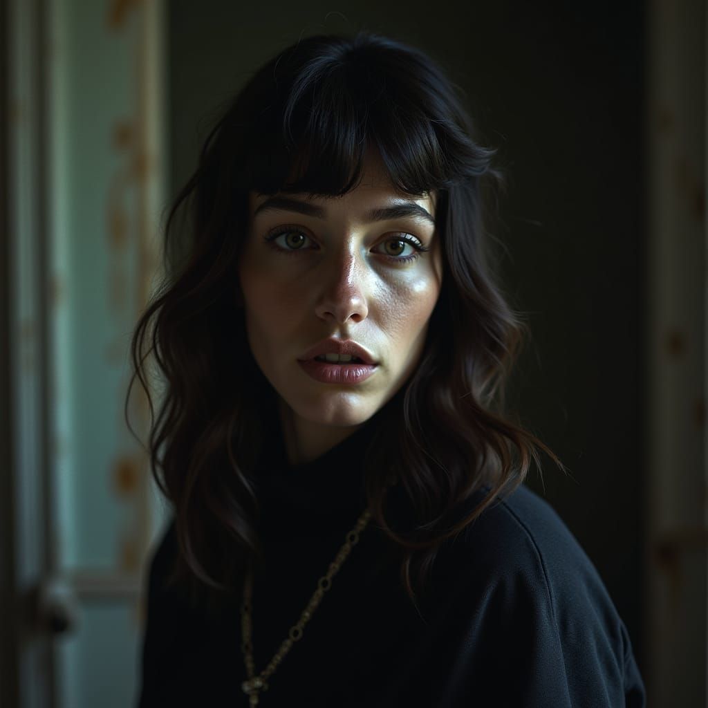 Ghostly Figure in Attic: High-Fashion Polaroid Portrait