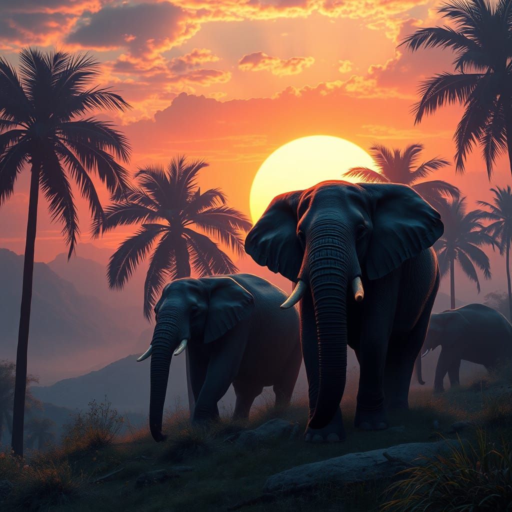 Fantastical Elephants Amidst Palm Trees at Sunset