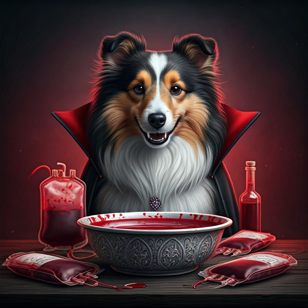 Gothic Vampire Sheltie Feasts on Bloody Delight