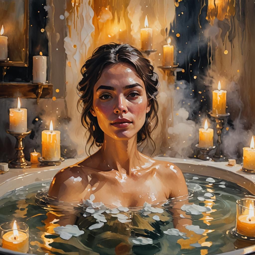 Woman in Candlelit Bath as Impressionist Gouache Painting
