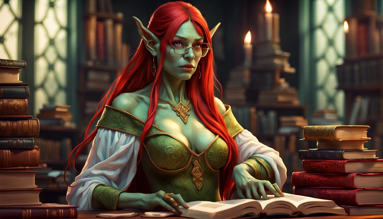 Orc Scholar in Elven Dress, Hyperdetailed Digital Art