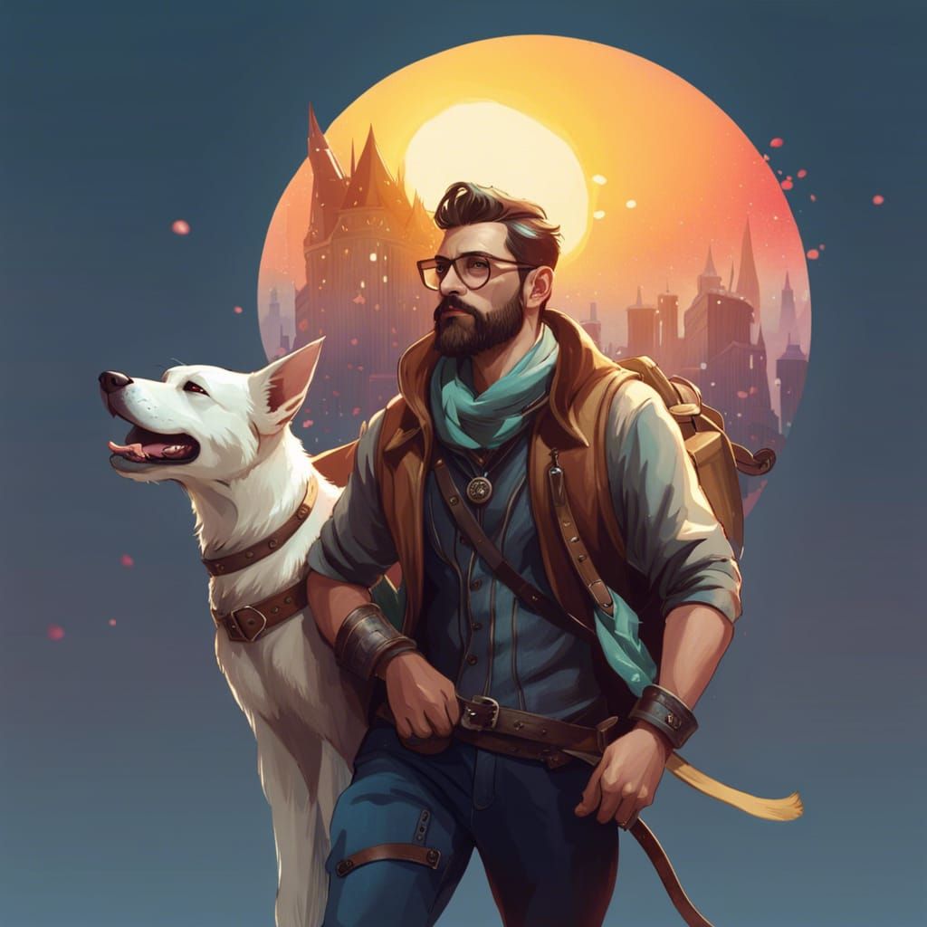 Hyperdetailed Portrait of Hipster Man and Dog