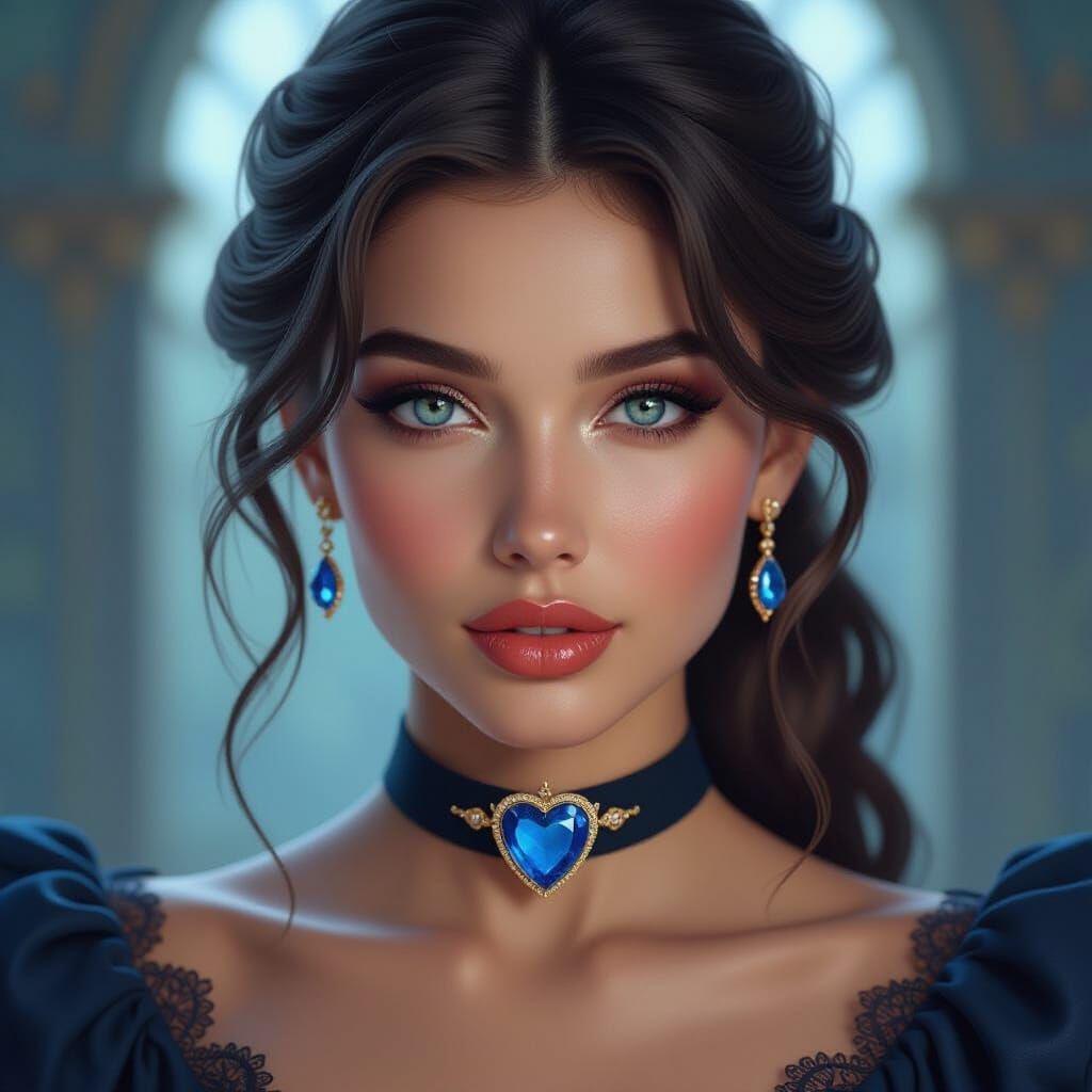 Woman with Blue Onyx Heart Choker in Hyperrealistic Style
