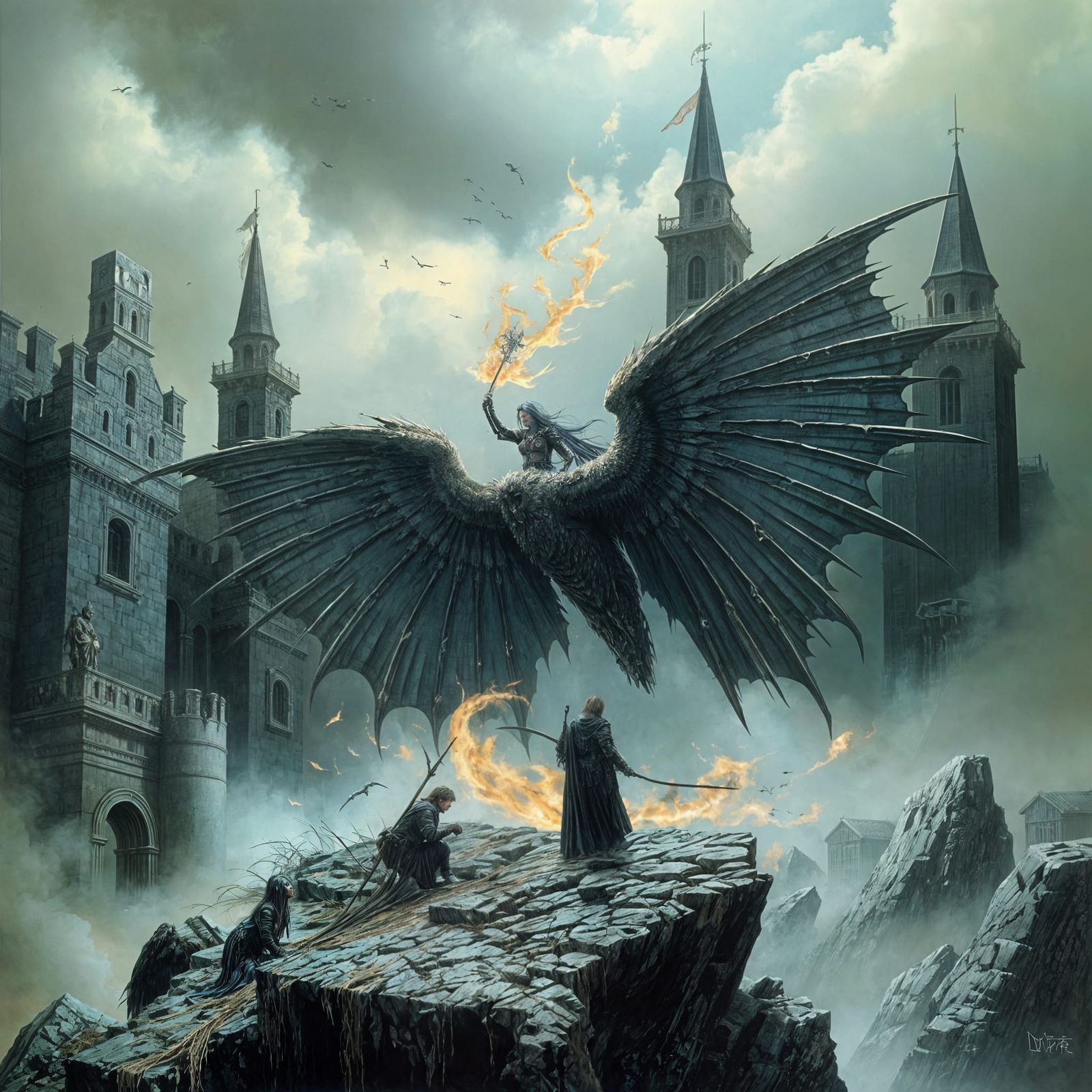 Ethereal Dark Fantasy Rider on a Winged Beast