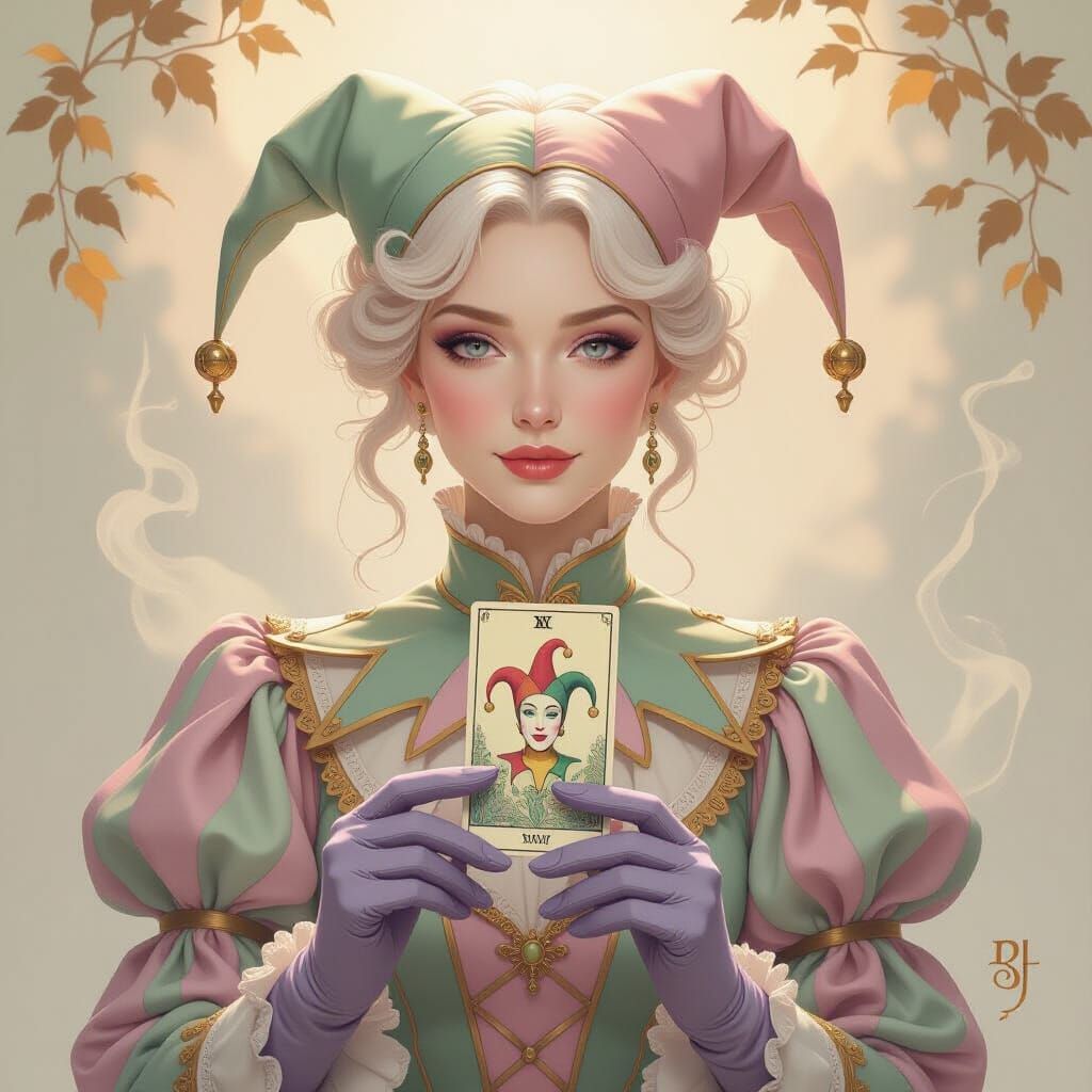 Ethereal Jester Portrait with Tarot Card