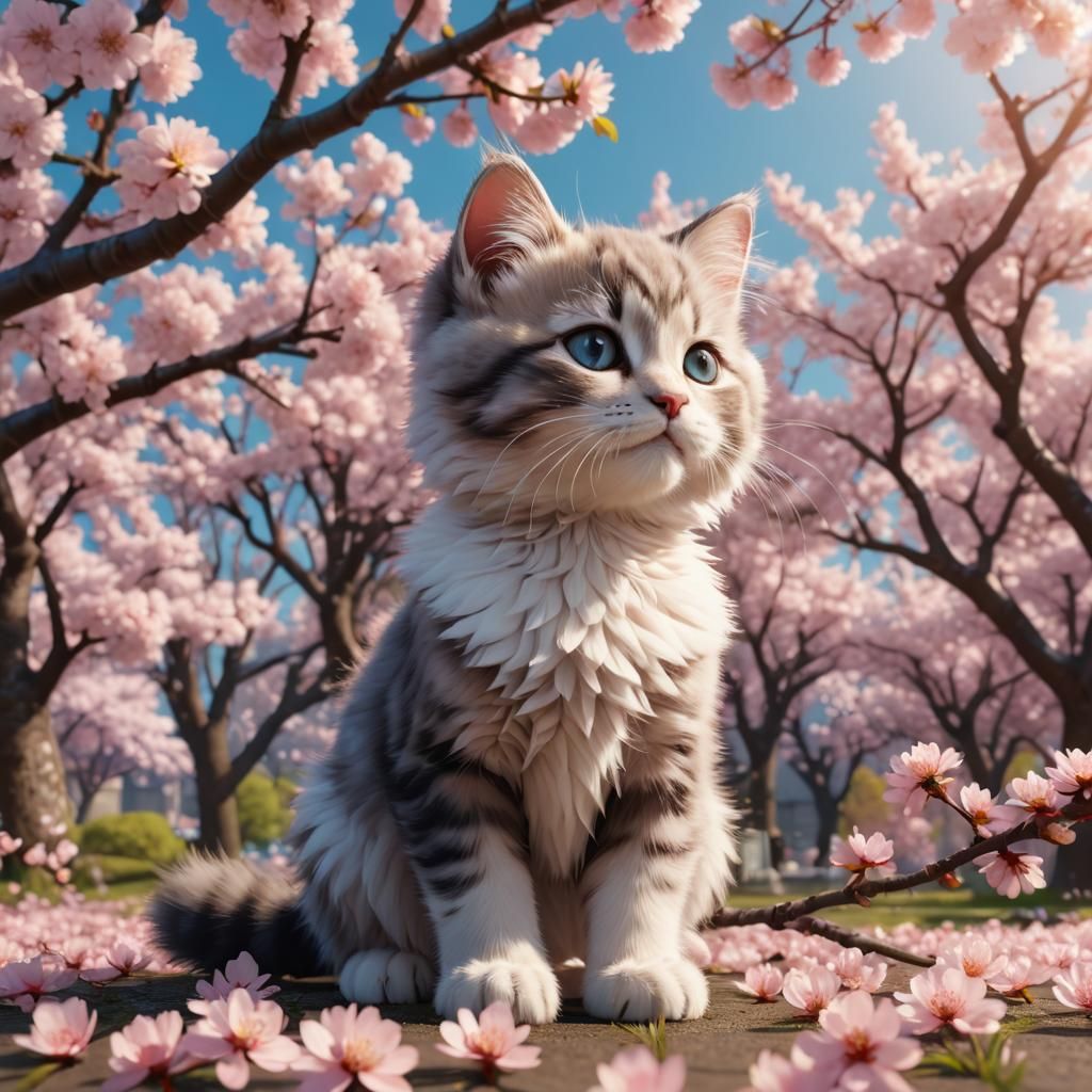Fluffy Kitten Under Cherry Blossoms: 3D Digital Art