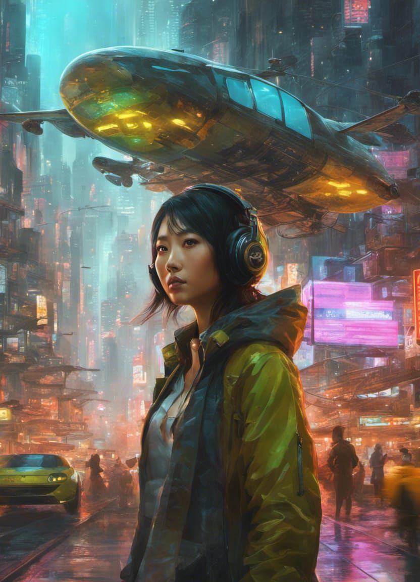 Japanese Technowitch Hails Taxi in Aetherpunk City
