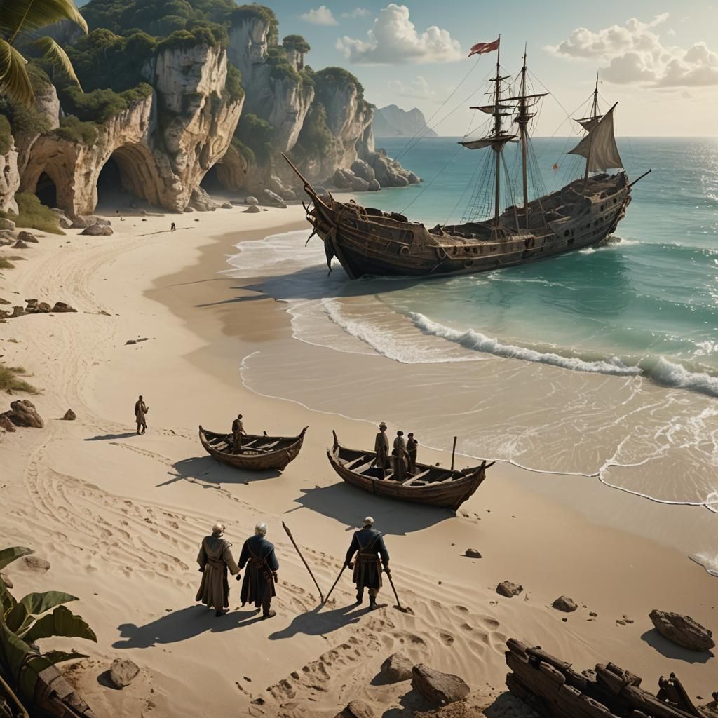 Tropical Beach Scene with Wrecked Ship, Matte Painting