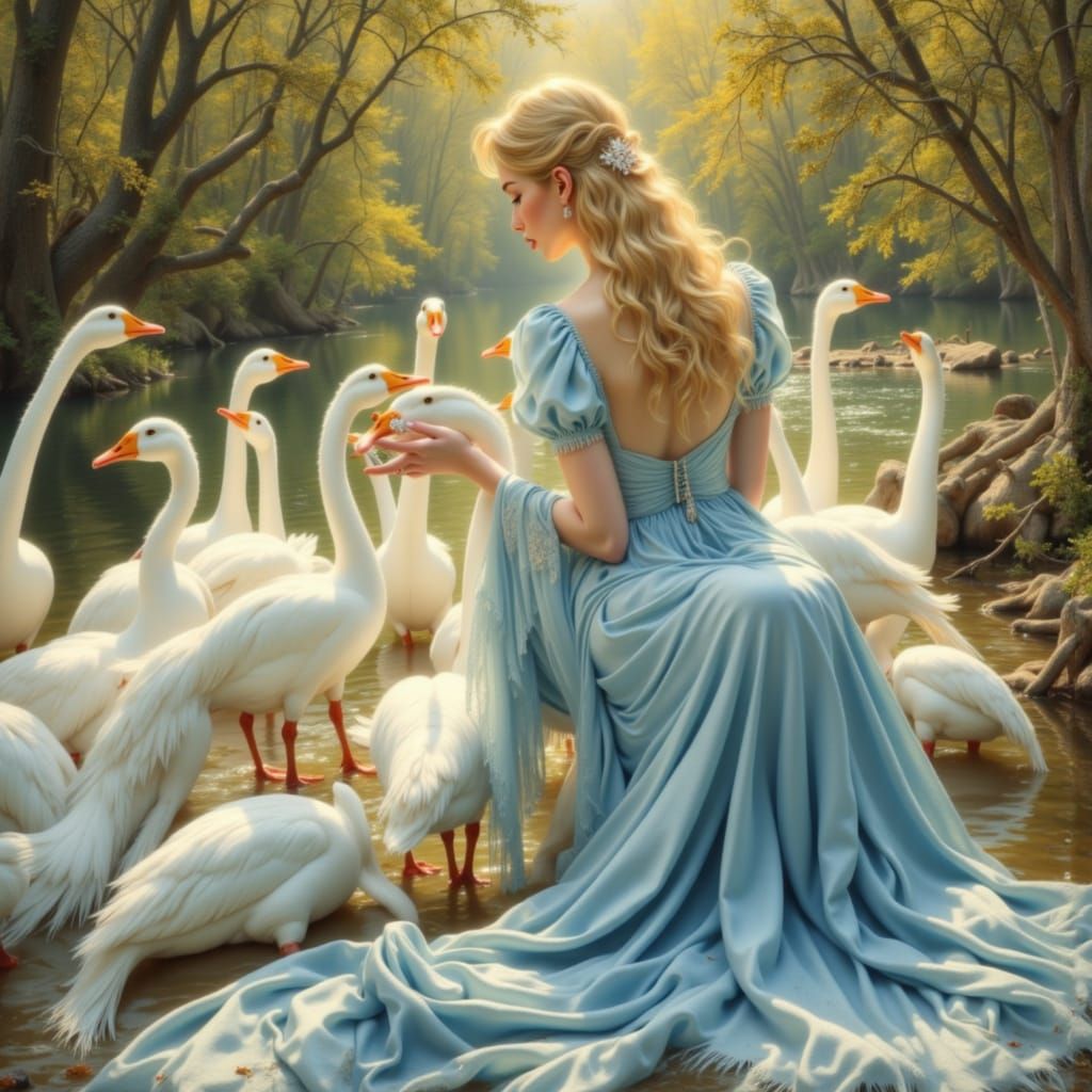 Blonde Princess Guarding Geese in Photorealistic Style