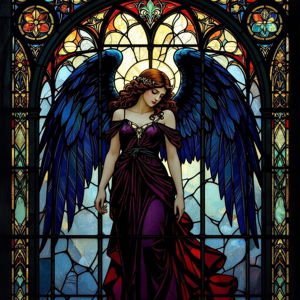 Fallen Angel in Gothic Stained Glass Window