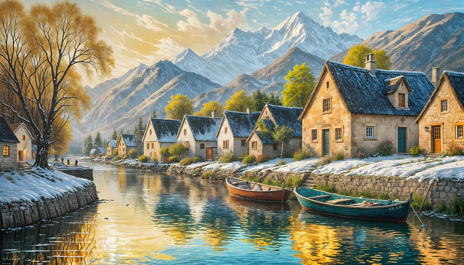 Quaint Village Amidst Majestic Mountains in Classical Style