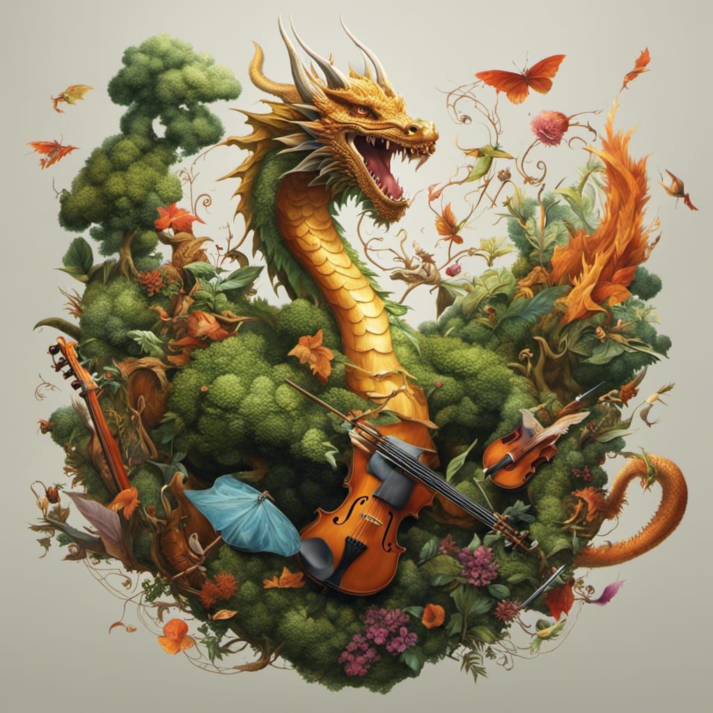Dragon Conducts Forest Symphony: Surreal Splash Art