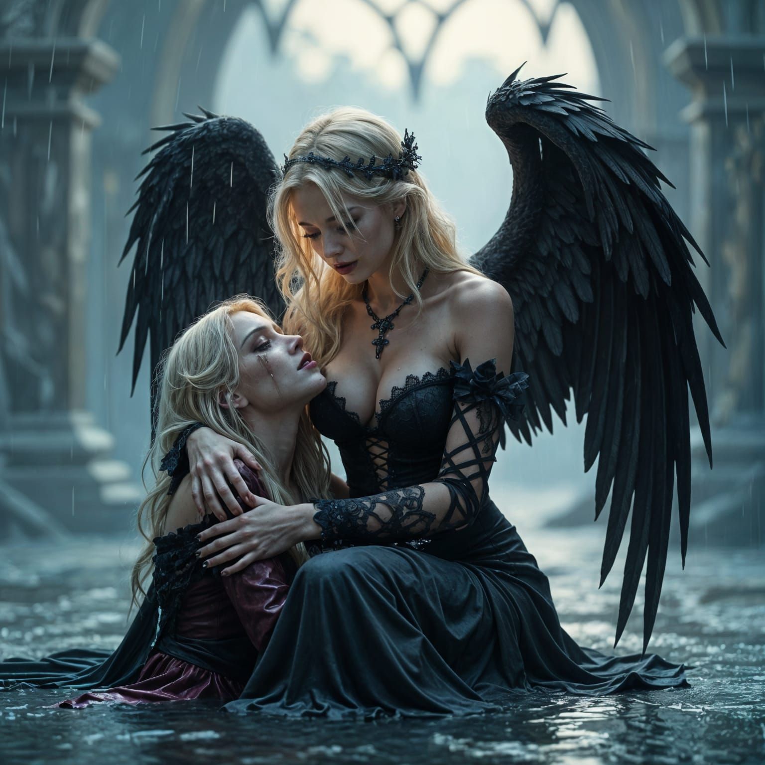 Gothic Angel Mourns Demon in Rainy Fantasy