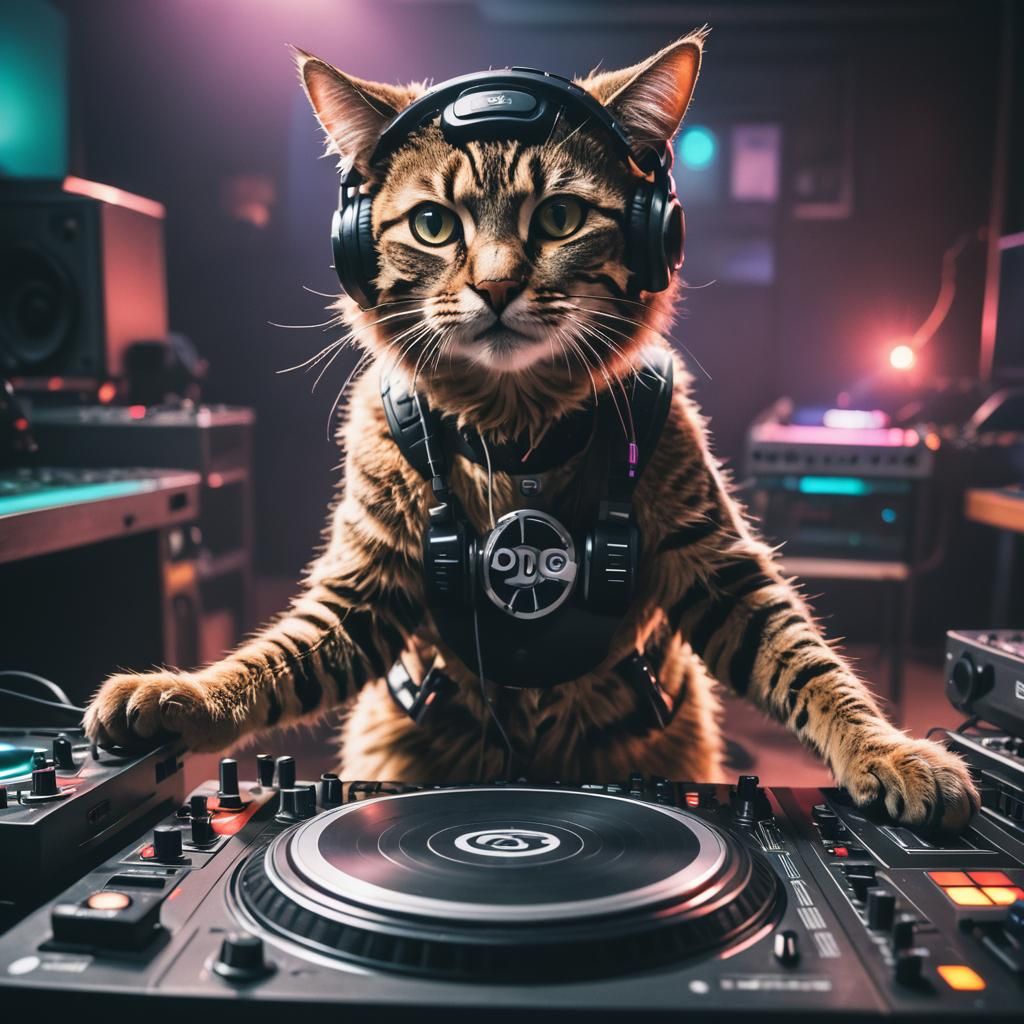 DJ Cat Rocks the Turntables: Cinematic Film Still