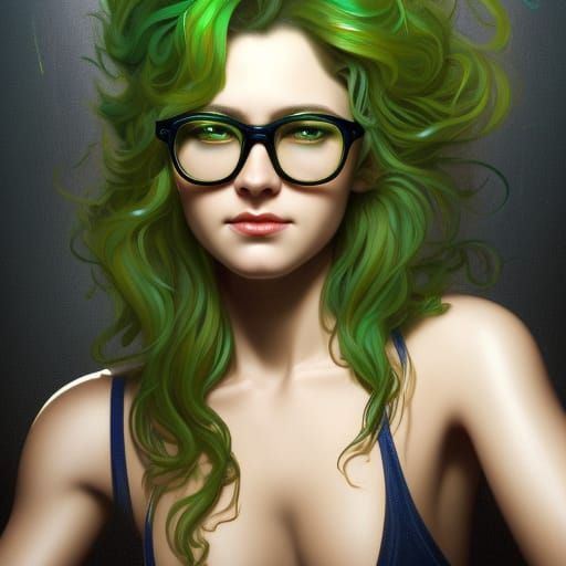 Beautiful Woman with Green Hair, Hyperdetailed Portrait