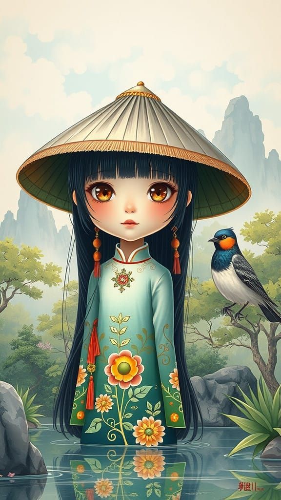 Young Girl in Traditional Vietnamese Attire Amidst Lush Fore...