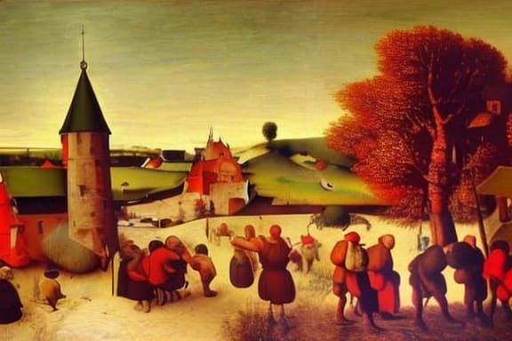 Lively Flemish Farmland Painting in Bruegel Style