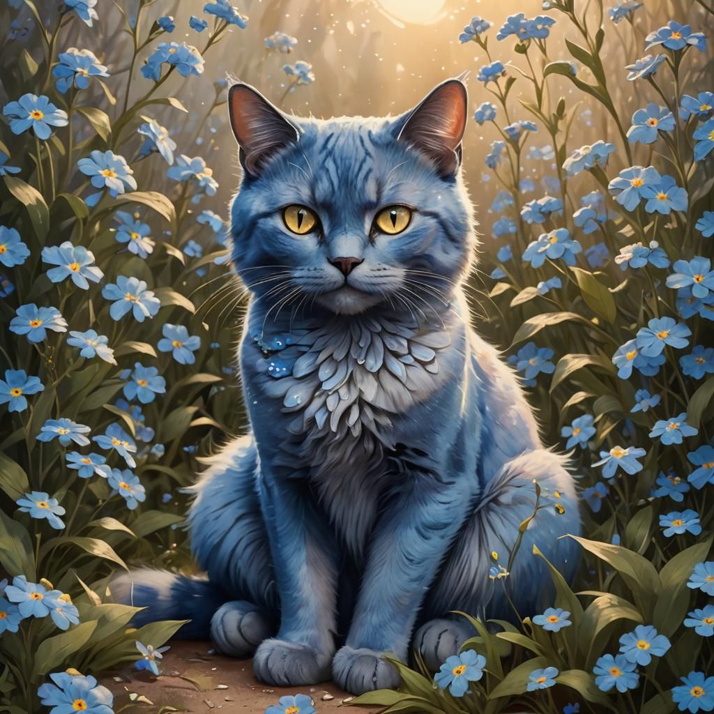 Blue Cat in Forget-Me-Nots: Dreamlike Concept Art