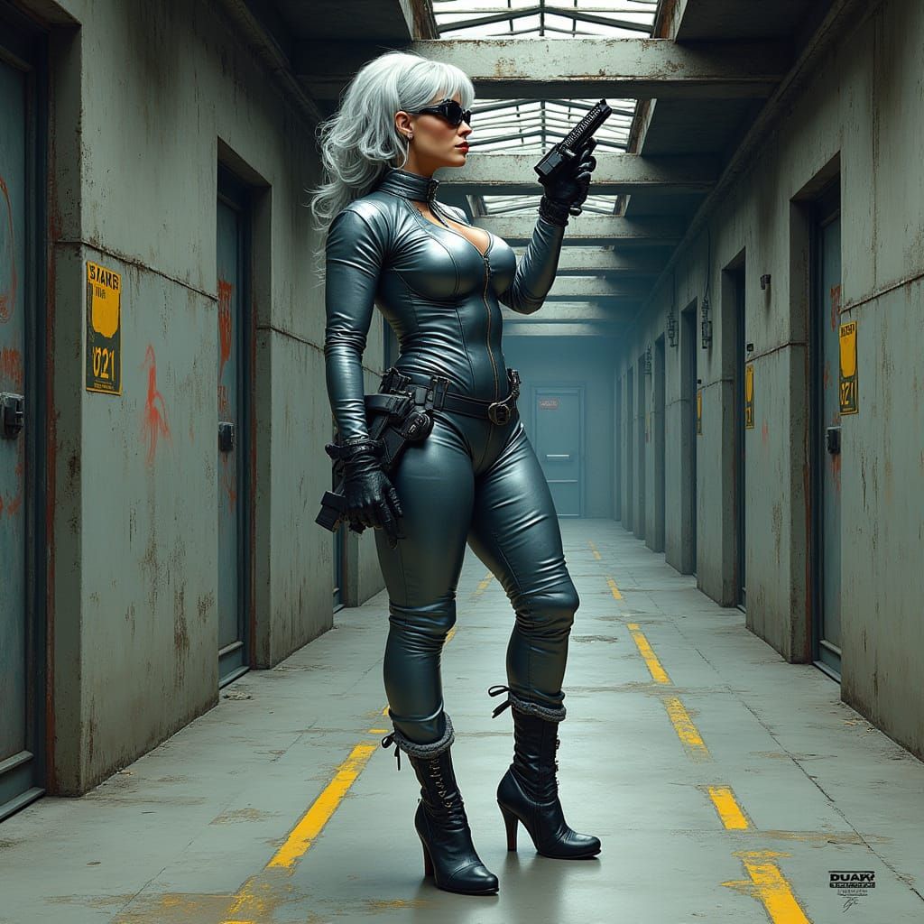 Mature Rocker Queen in Dark Fantasy Attire, Grey Hair and Gu...