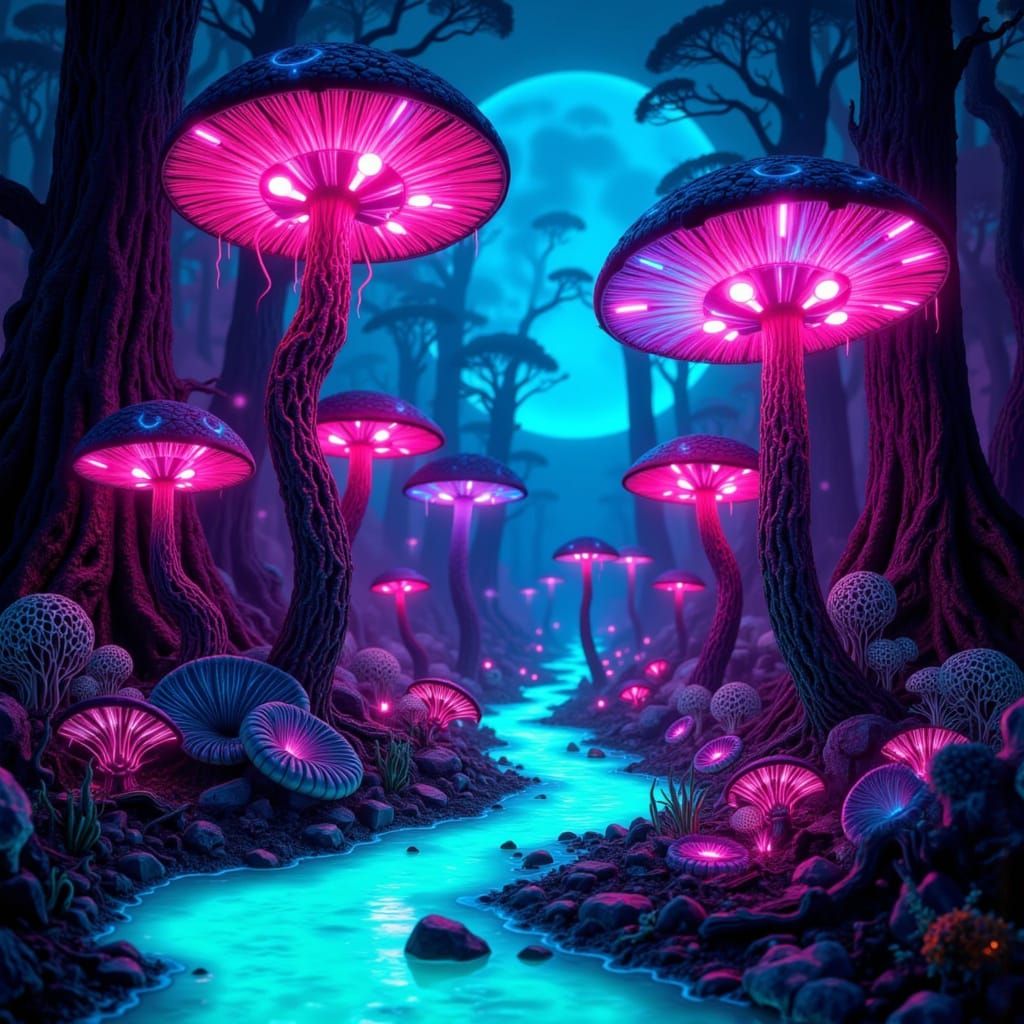 Surreal Bioluminescent Mushroom Forest with Ethereal Creatur...