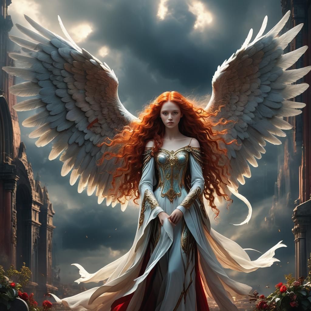 Red-Haired Angel with Wings: Digital Matte Painting