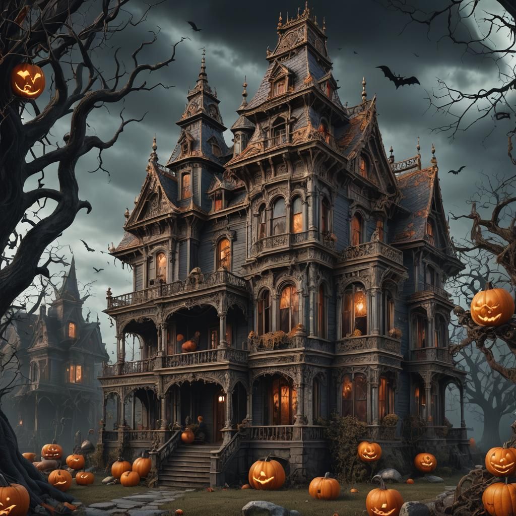 Ornate Fantasy Halloween House in Hyperrealistic Style