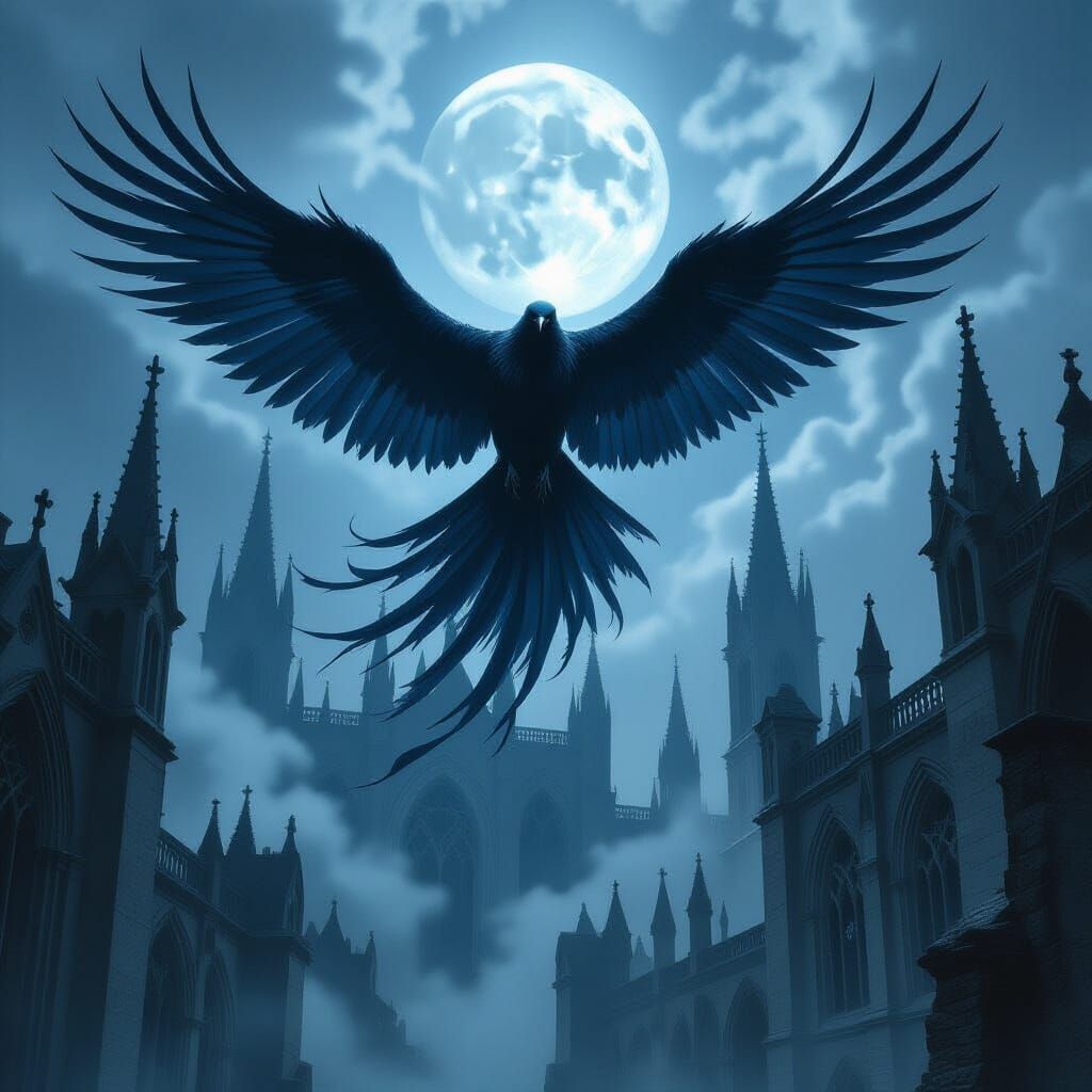 Colossal Shadow Crow Over Gothic Cathedral Ruins