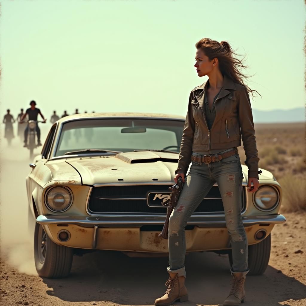 Post-Apocalyptic Woman with Mustang and Revolver