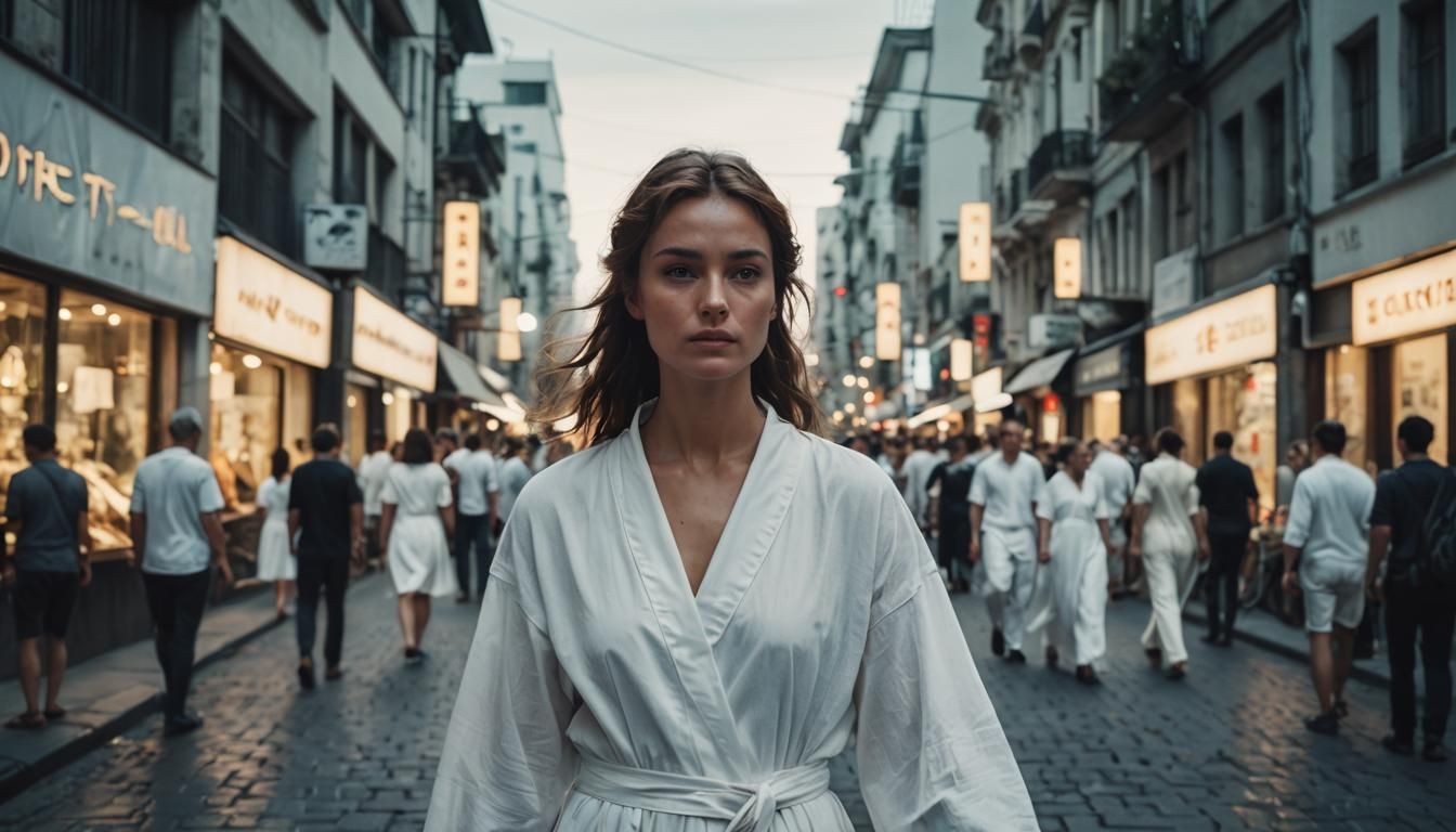 Young Woman in White on Future Street