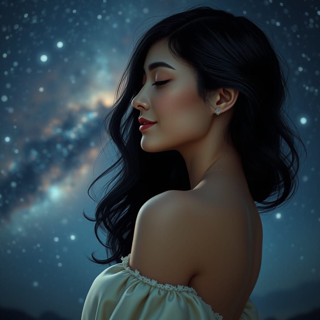 Ethereal Fantasy Goddess Against Starry Night Sky